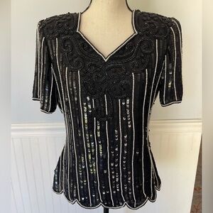 Robert Anthony Vintage Black Sequin beaded Shirt Top Black Striped Bead Art Deco
